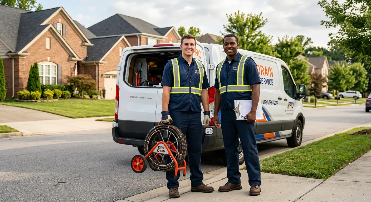 Sewer and drain service team with equipment ready for work in Broadalbin