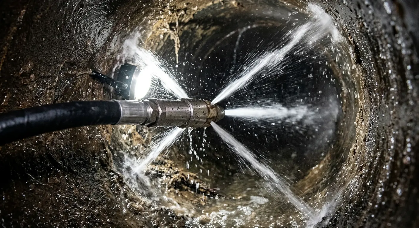 High-pressure hydro jetting nozzle cleaning sewer pipe for Trenchless Sewer Repair in Broadalbin