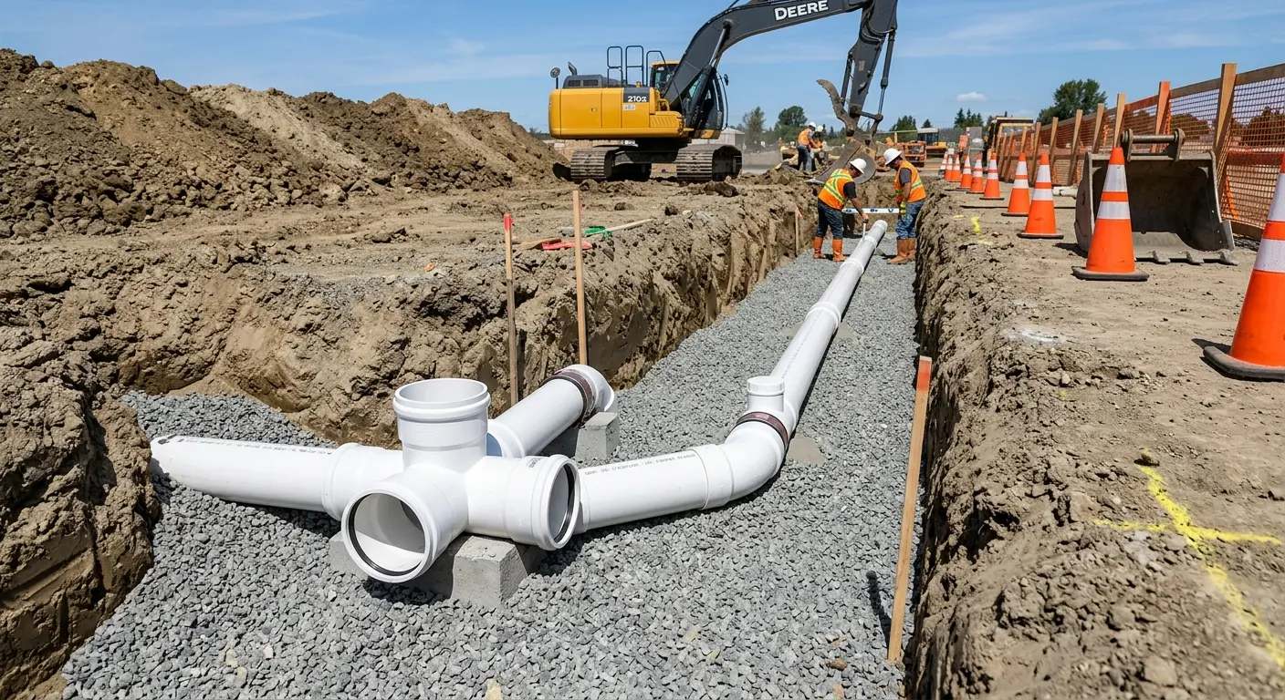 New PVC sewer pipe installation in open trench for Sewer Backup in Broadalbin