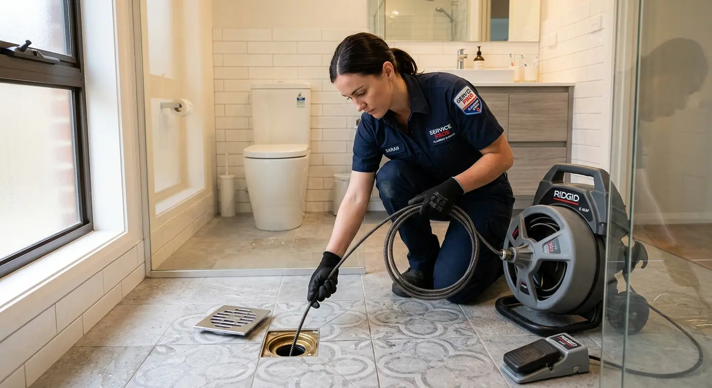 Technician clearing a bathroom floor drain for Sewer Line Installation in Broadalbin